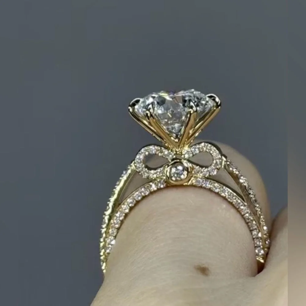 Bowknot Engagement Ring|3ct Round Cut CZ| Pavé Gold Band|Bridal Travel Ring - Picture 3 of 5